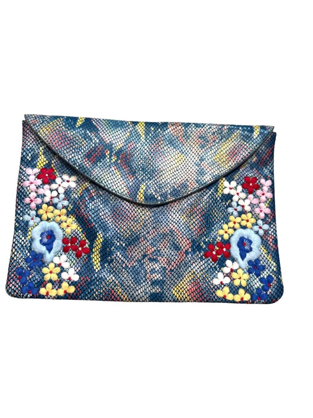 Anthropologie Women's Envelope Clutch Purse Floral Embroidery Snakeprint Leather
